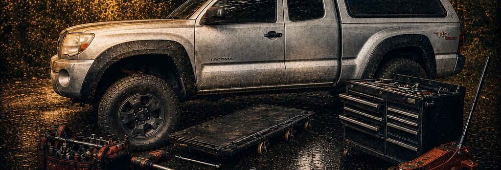 Josh's Toyota Tacoma service truck with rolling tool chest, creeper, floor jack and hand tools